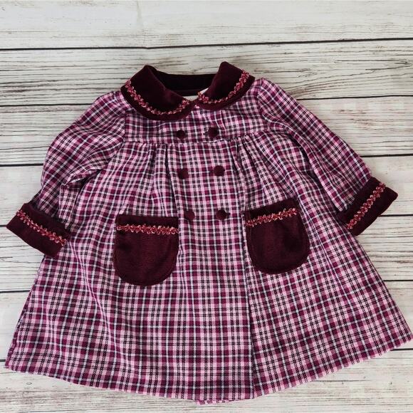 Little Bitty Vintage Set 12m Burgundy Plaid Dress & Coat with Velvet Trim - Picture 2 of 9